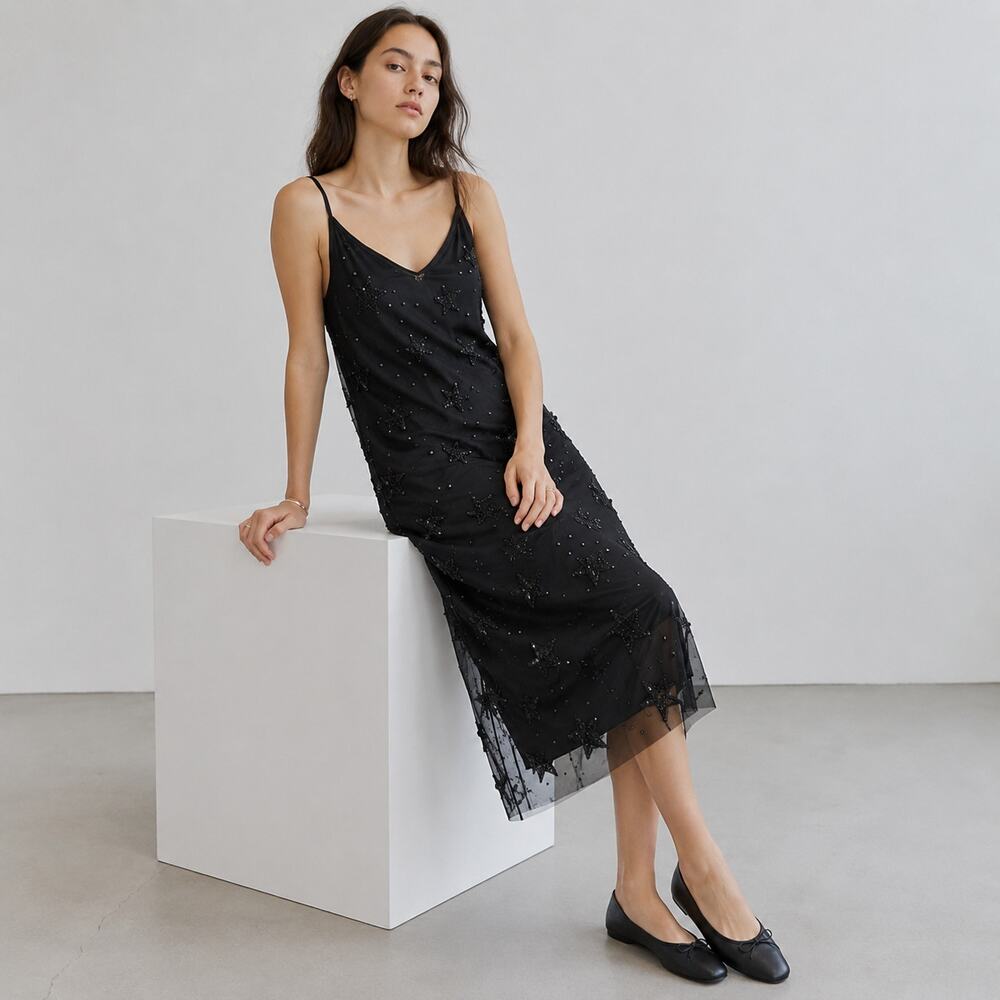 P.A.R.O.S.H Galax Star Embellished Mesh Slip Dress Womens M Black Beaded Midi